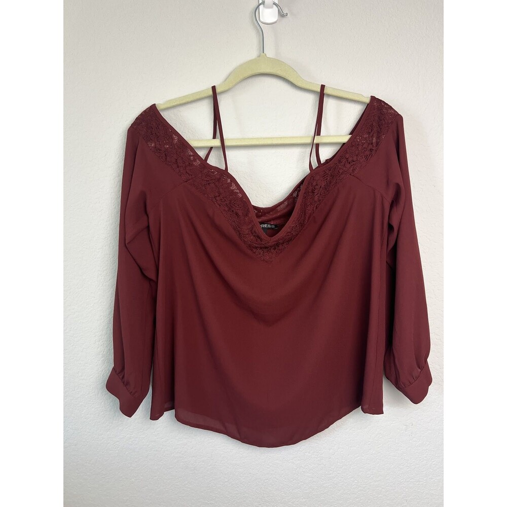 Express Women Medium Burgundy Maroon Lace Trim V-Neck Long Sleeve Blouse Top